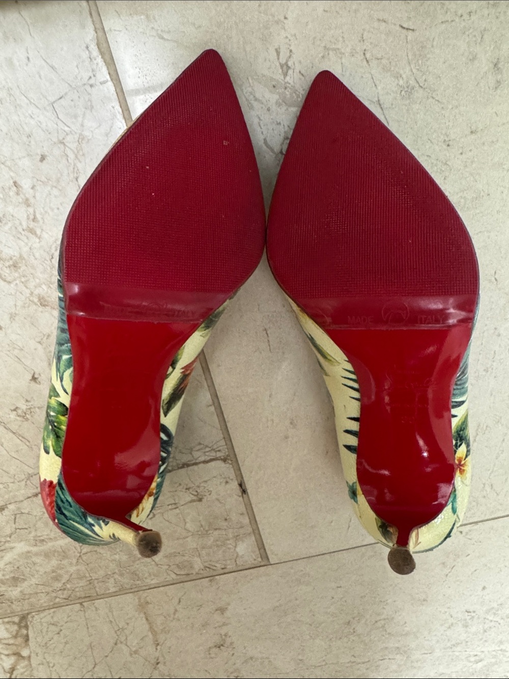 Christian Louboutin Tropical Floral Pointed Toe Pumps in Cream and Green - Picture 5 of 5